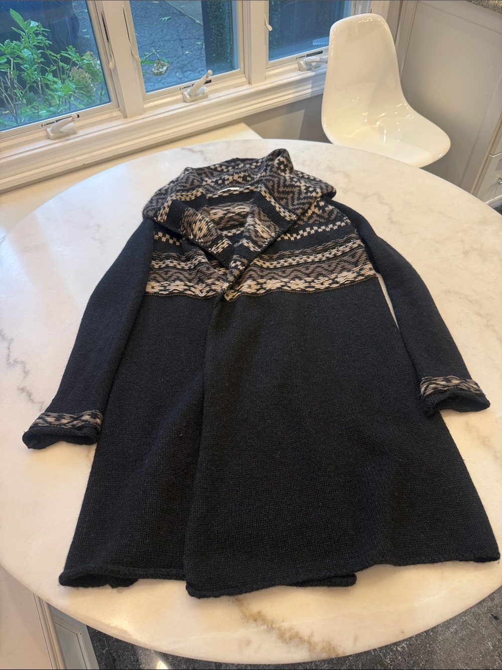 Vince Black open Cardigan with Cream and Tan Fair Isle Trim